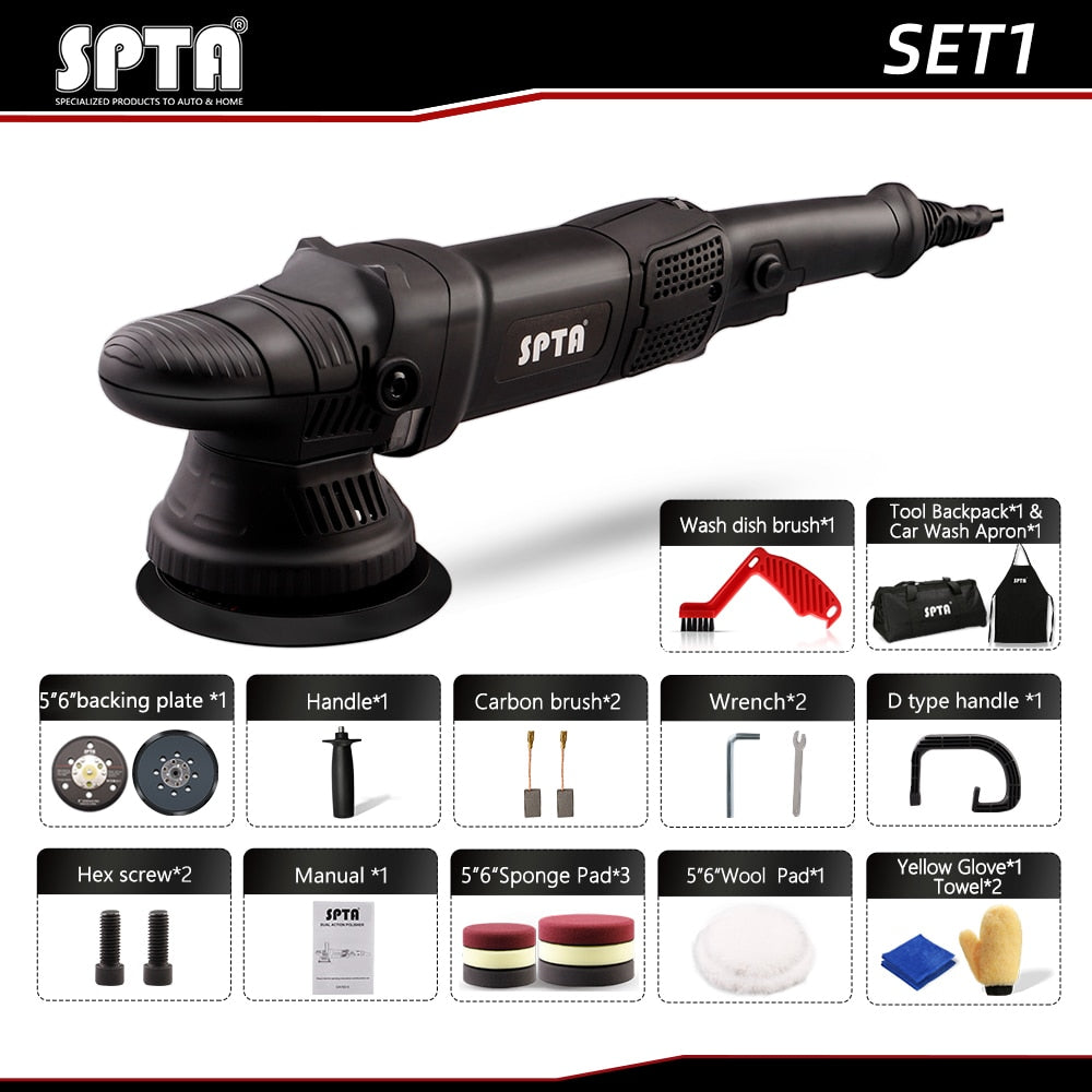 SPTA 5-Inch Dual Action Polisher - High-Performance Auto and Home DIY Polisher with Waxing and Polishing Pads Set