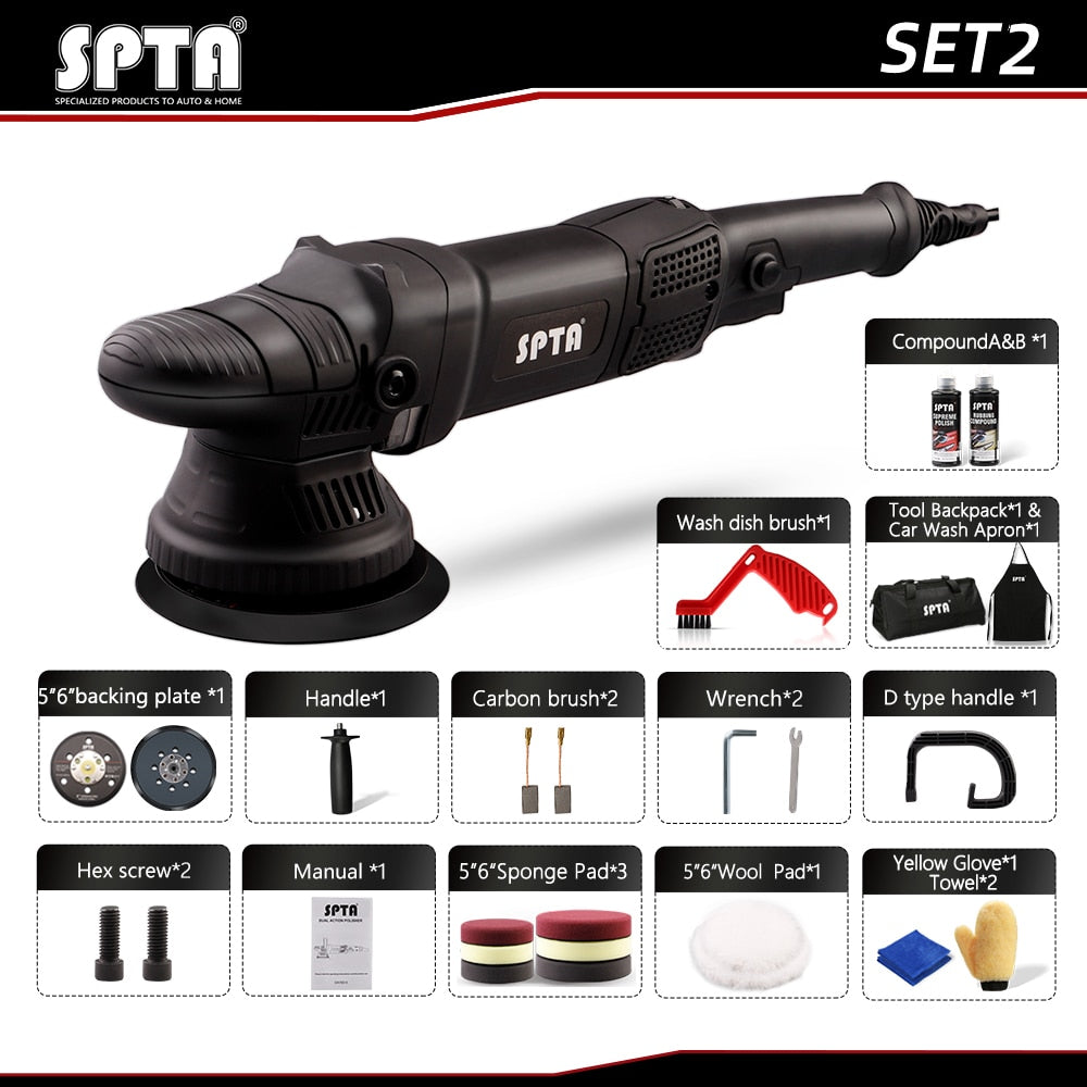 SPTA 5-Inch Dual Action Polisher - High-Performance Auto and Home DIY Polisher with Waxing and Polishing Pads Set