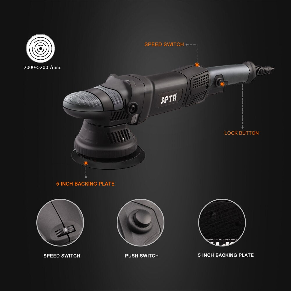 SPTA 5-Inch Dual Action Polisher - High-Performance Auto and Home DIY Polisher with Waxing and Polishing Pads Set
