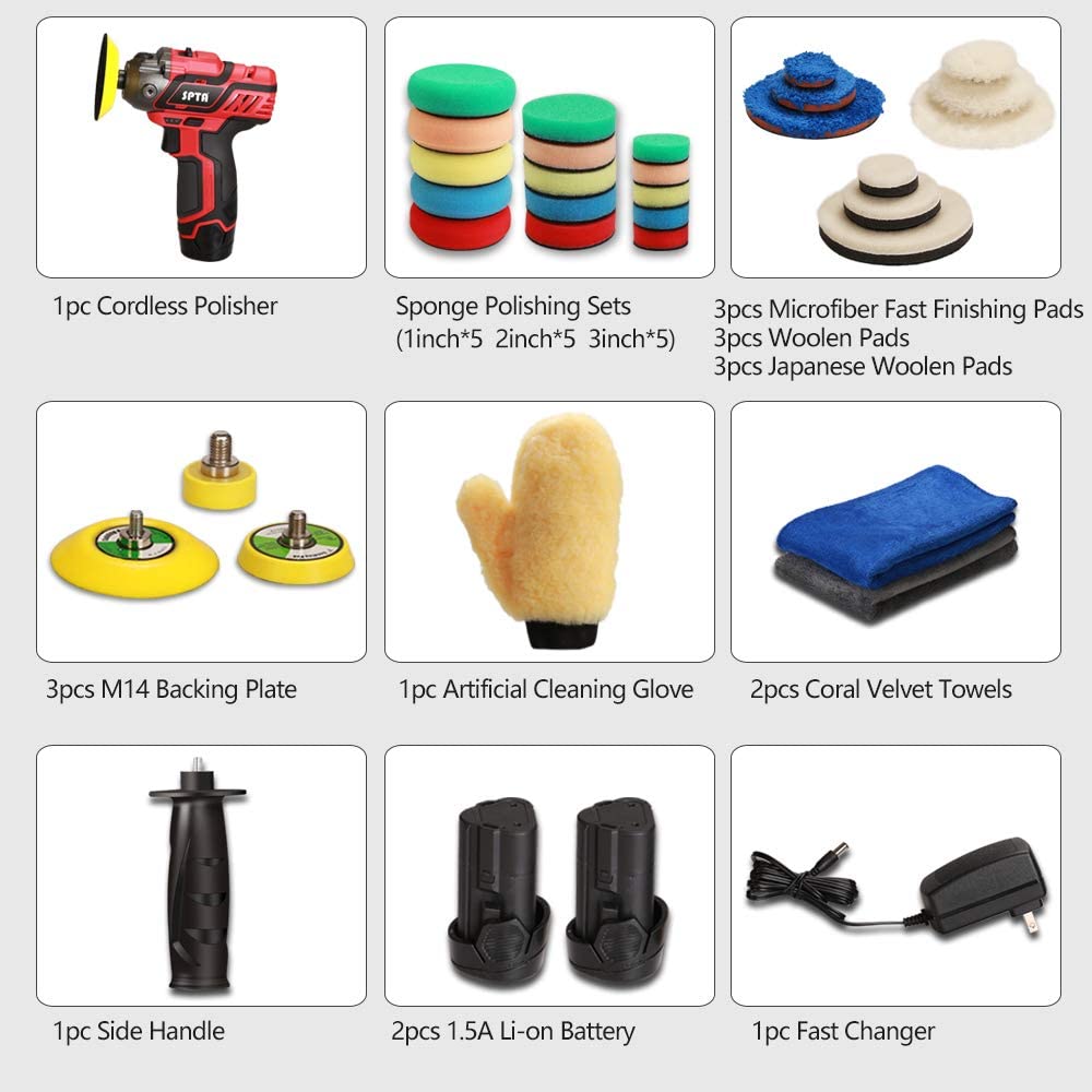 SPTA 3" Cordless Car Polisher Tool Set - Variable Speed Drill & Polishing Pads for Car Detailing