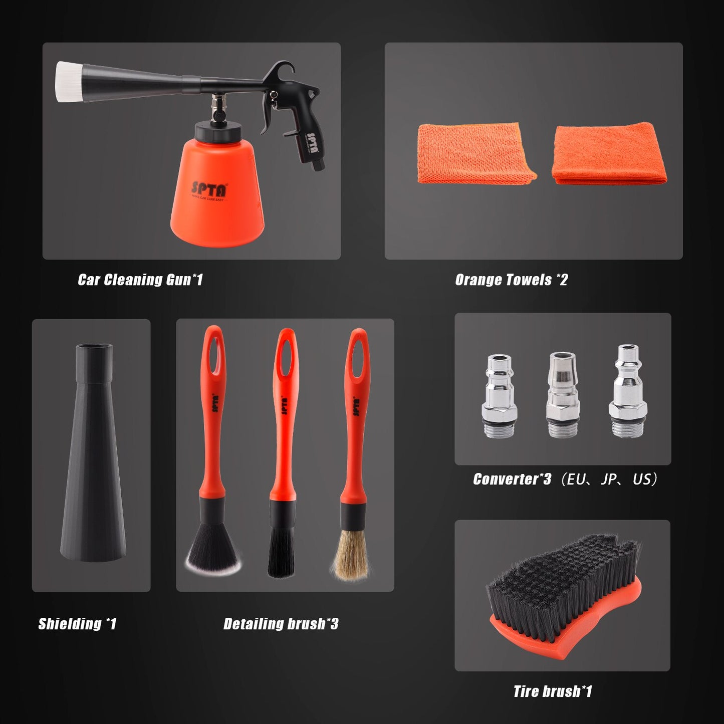 SPTA High-Pressure Car Washer Dry Cleaning Gun Bundle - Tornado Cleaning Tool with Microfiber Towels and Detailing Brushes