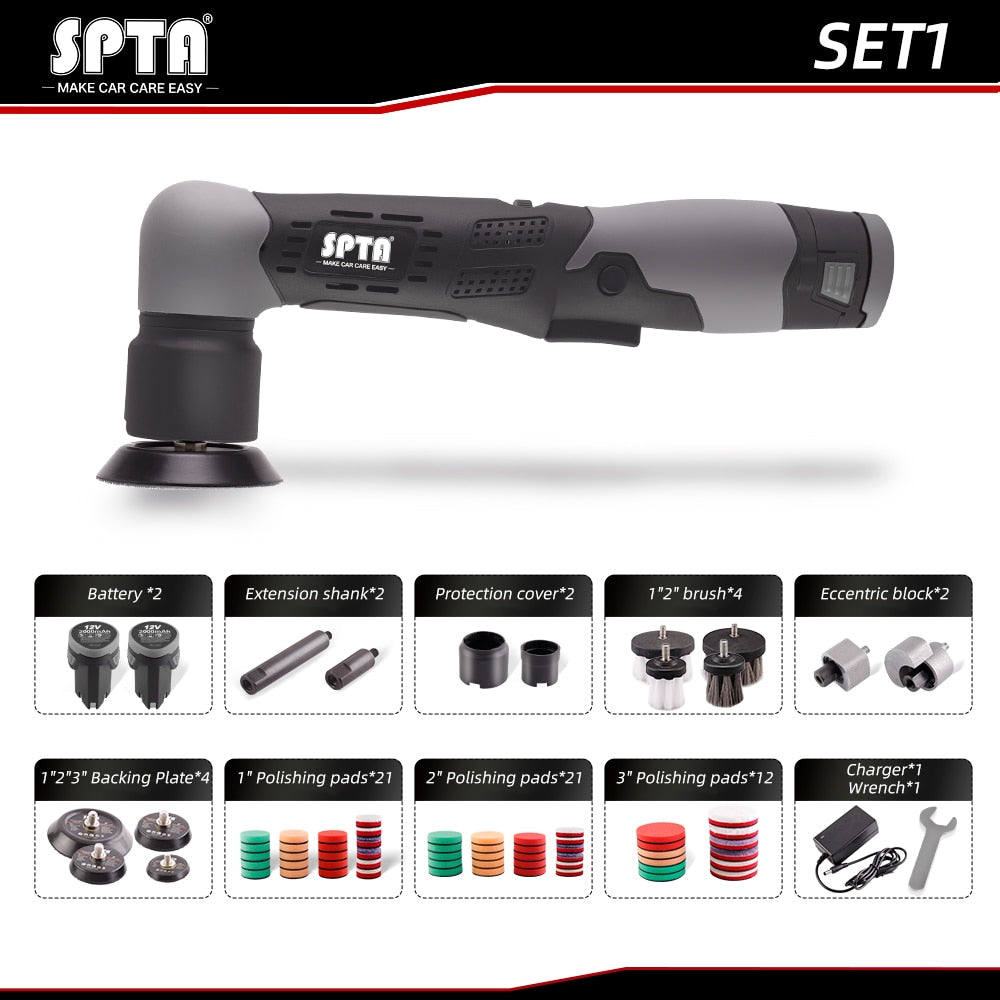 SPTA 12V Cordless Mini Car Polisher - Dual Action, Speed Adjustable, with 2 Batteries