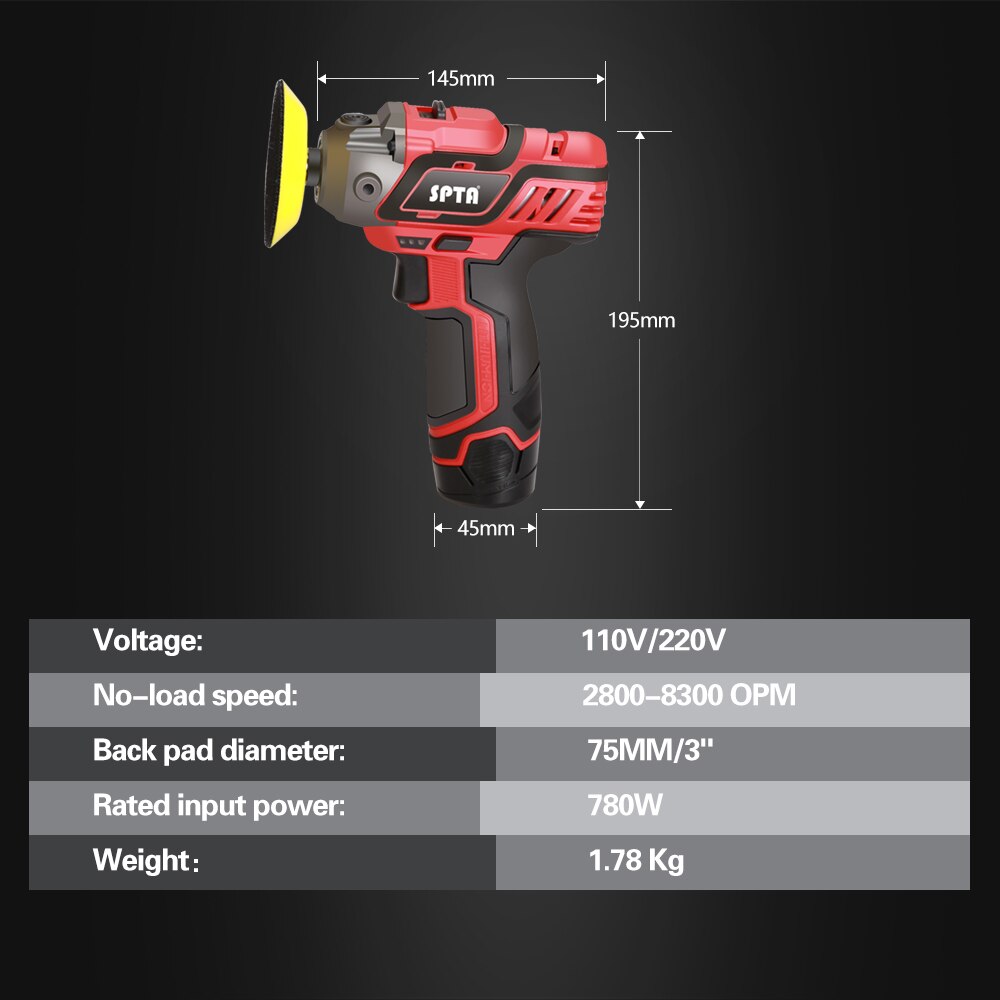 SPTA 3" Cordless Car Polisher Tool Set - Variable Speed Drill & Polishing Pads for Car Detailing